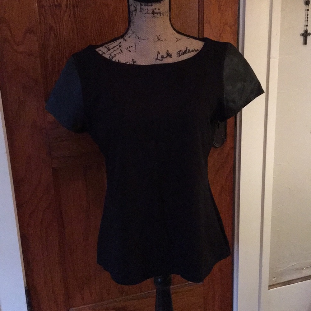 Knit top with faux leather sleeves